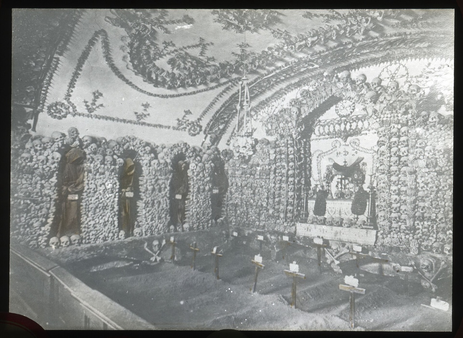 The Capuchin crypt, Santa Maria della Concezione, Rome. Lantern slide, 19th century