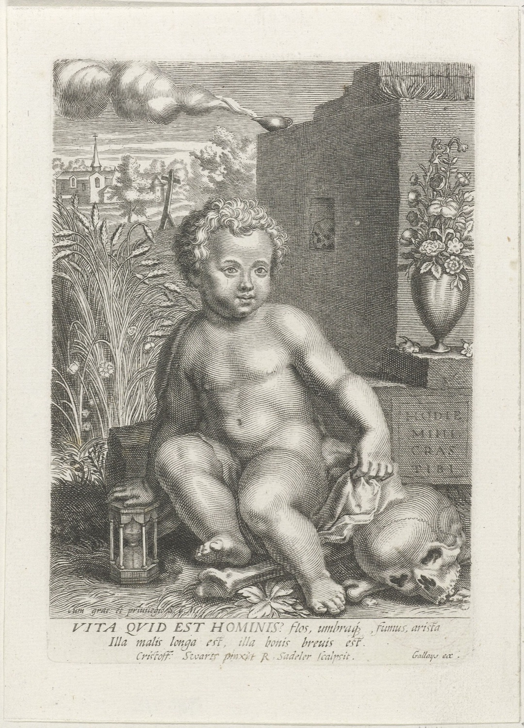 Memento mori: a child with an hourglass and a skull, engraved by Raphael Sadeler after Christoph Schwarz, c. 1590